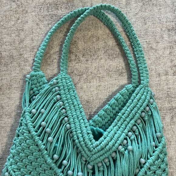 Macrame Crochet Teal Cross Body Purse Made In India Boho Hippie - Picture 2 of 10
